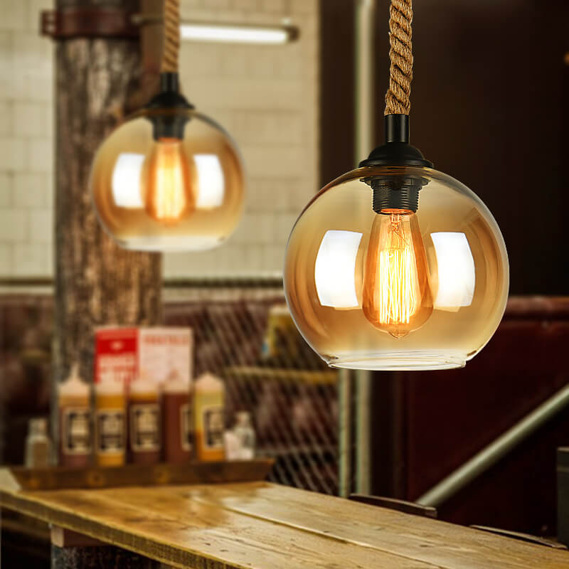Vintage Glass Metal Rope Pendant Light – 1-Light Round Fixture for Living Room