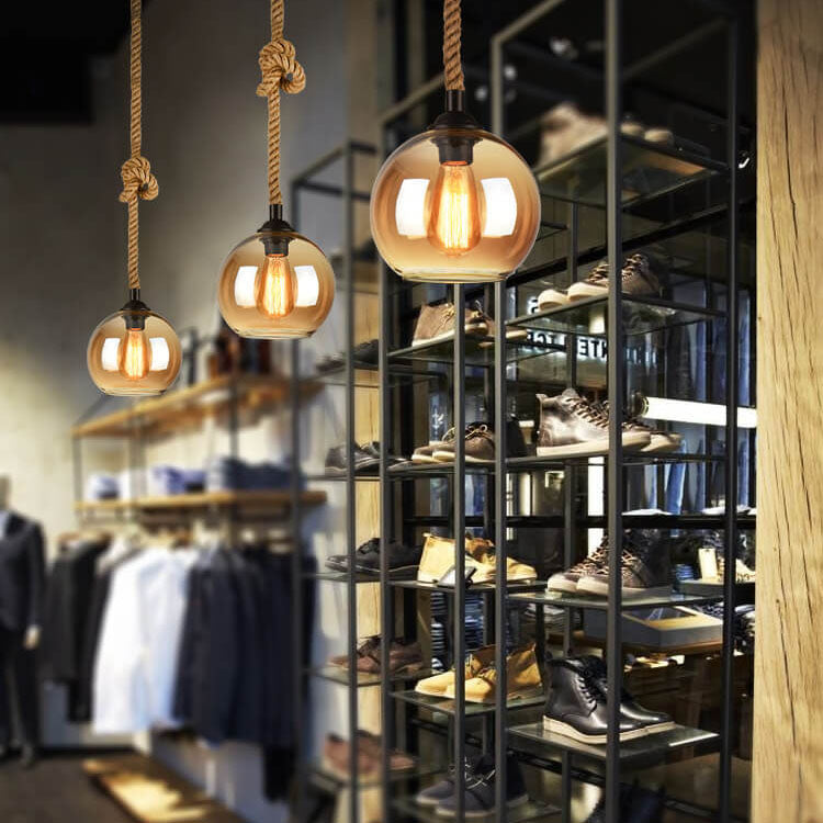 Vintage Glass Metal Rope Pendant Light – 1-Light Round Fixture for Living Room