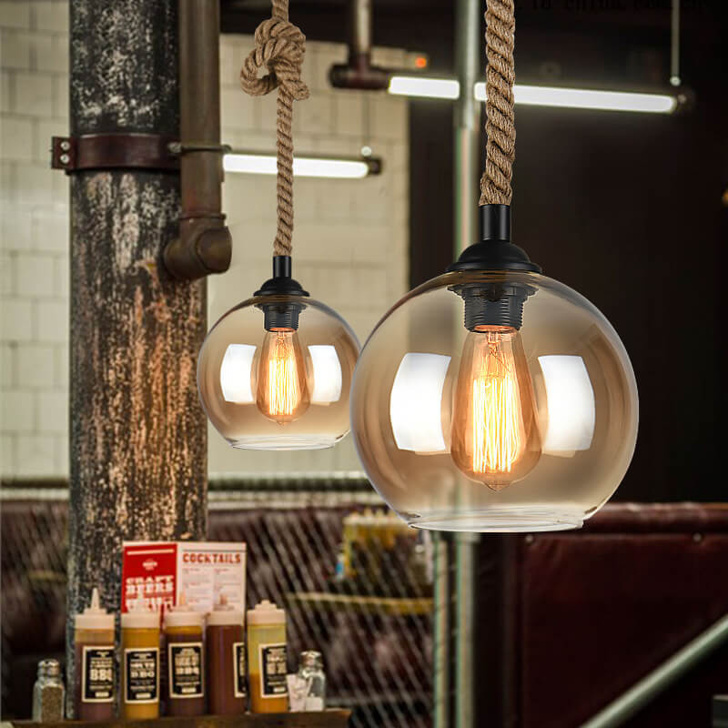 Vintage Glass Metal Rope Pendant Light – 1-Light Round Fixture for Living Room