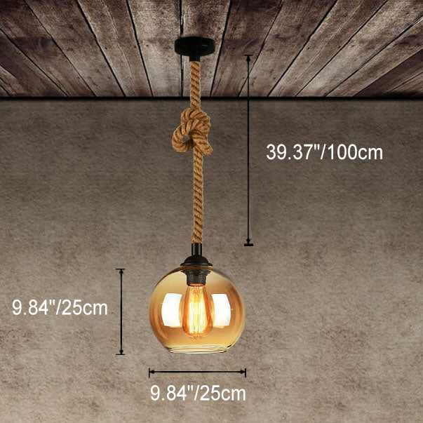 Vintage Glass and Metal Rope Pendant Light - 1-Light Round Fixture for Living Room