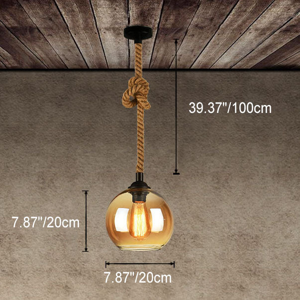 Vintage Glass and Metal Rope Pendant Light - 1-Light Round Fixture for Living Room