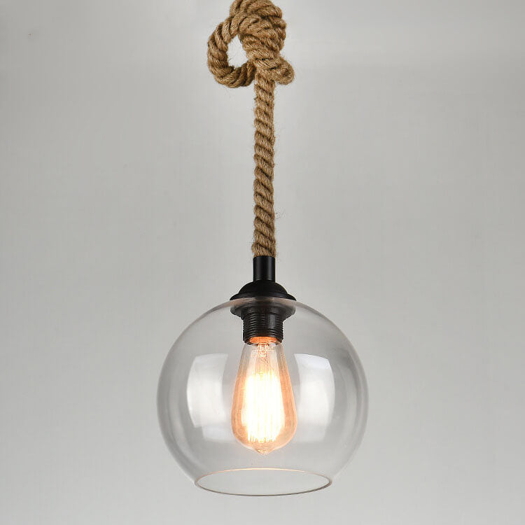 Vintage Glass and Metal Rope Pendant Light - 1-Light Round Fixture for Living Room