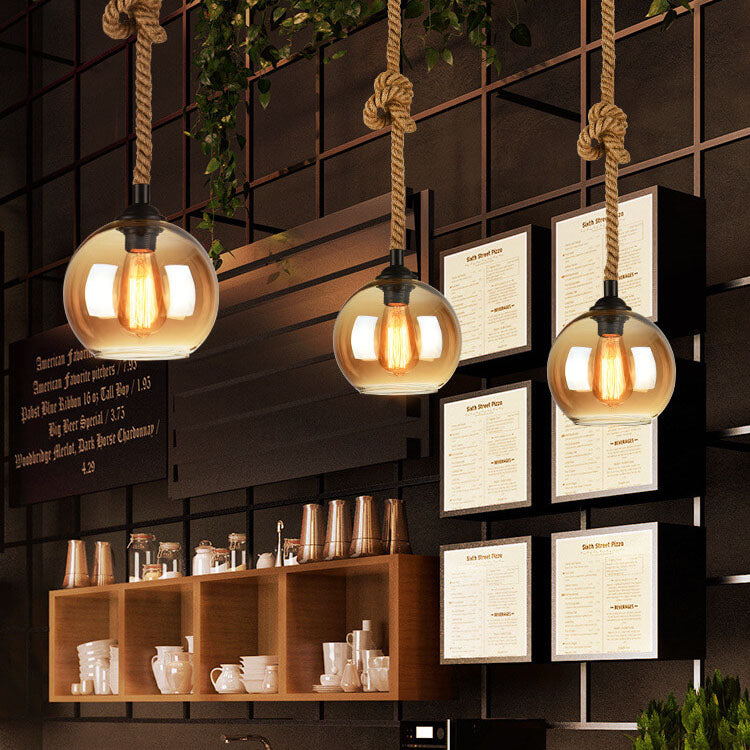 Vintage Glass Metal Rope Pendant Light – 1-Light Round Fixture for Living Room