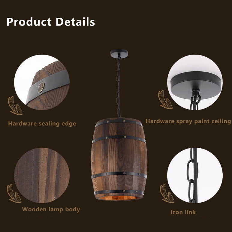 Rustic Iron Wood Wine Barrel Pendant Light for Dining Room