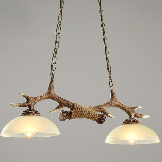 Vintage Resin Antler Chandelier - 2-Light Glass Bowl Shade