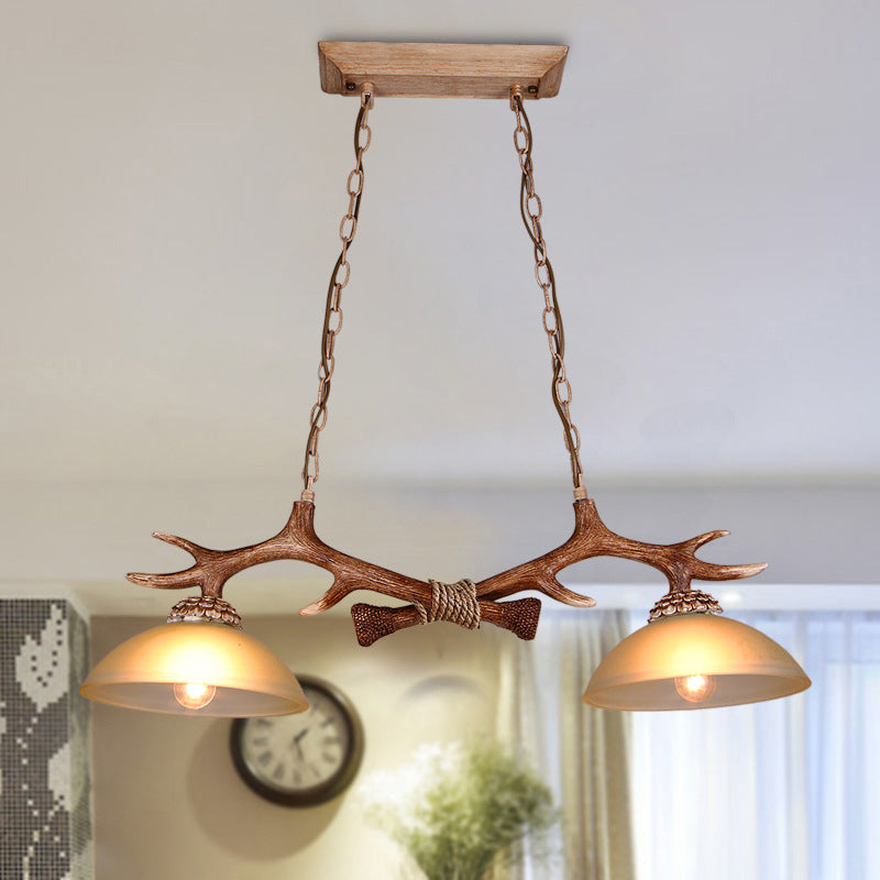 Vintage Resin Antler Chandelier - 2-Light Glass Bowl Shade