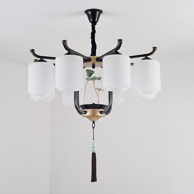 Traditional Chinese Iron Frame Cylinder Glass Shade Chandelier - 6/8/10/12 Lights for Living Room