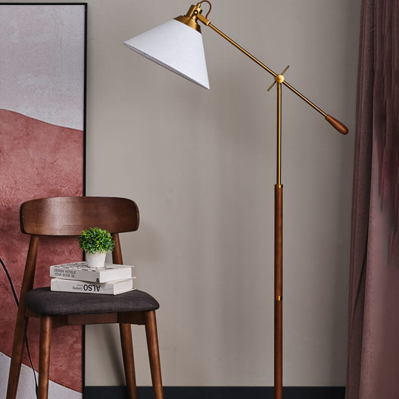 Vintage Fabric Cone Floor Lamp, Metal and Ash Wood, 1-Light for Bedroom