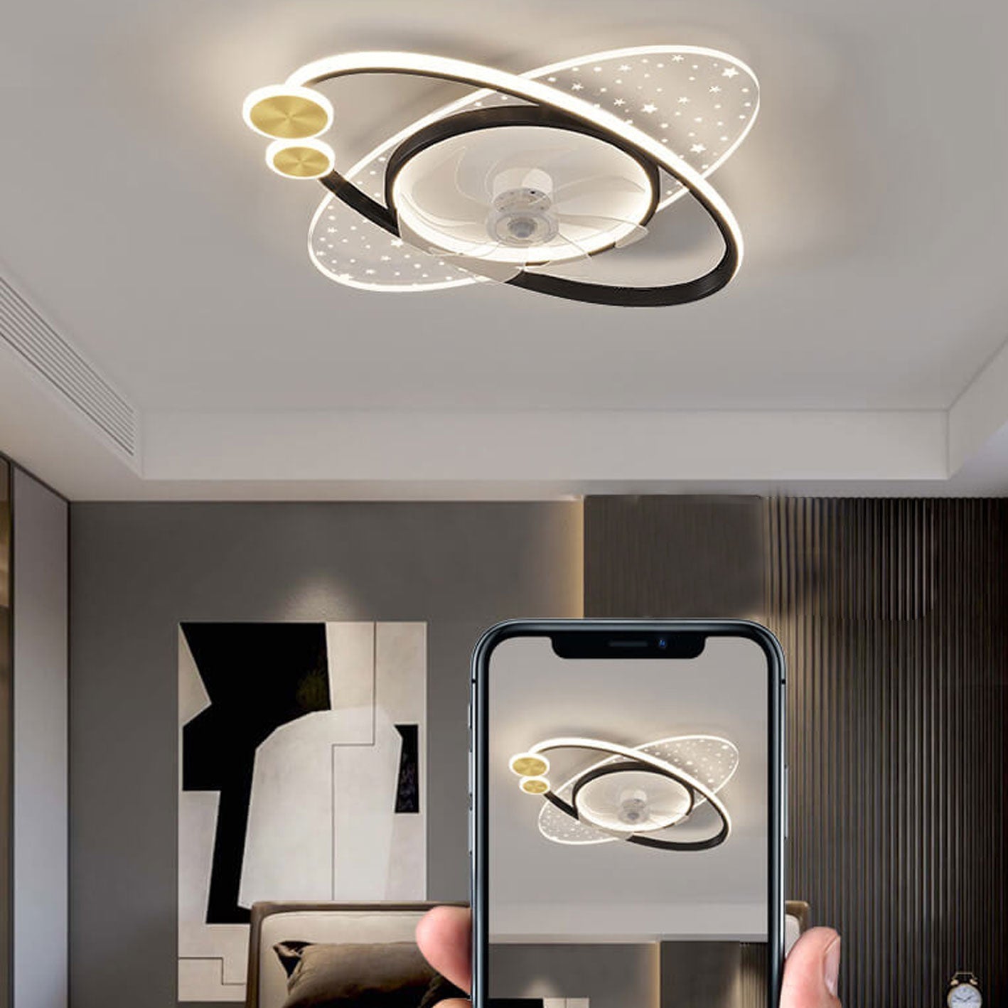 Modern Creative Planet Star Effect LED Flush Mount Ceiling Fan Light, Contemporary Indoor Lighting Fixture, Energy-Efficient Ceiling Fan with Light, Stylish LED Ceiling Fan for Home Decor, Whisper Quiet Ceiling Fan with Remote Control, Unique Star Pattern