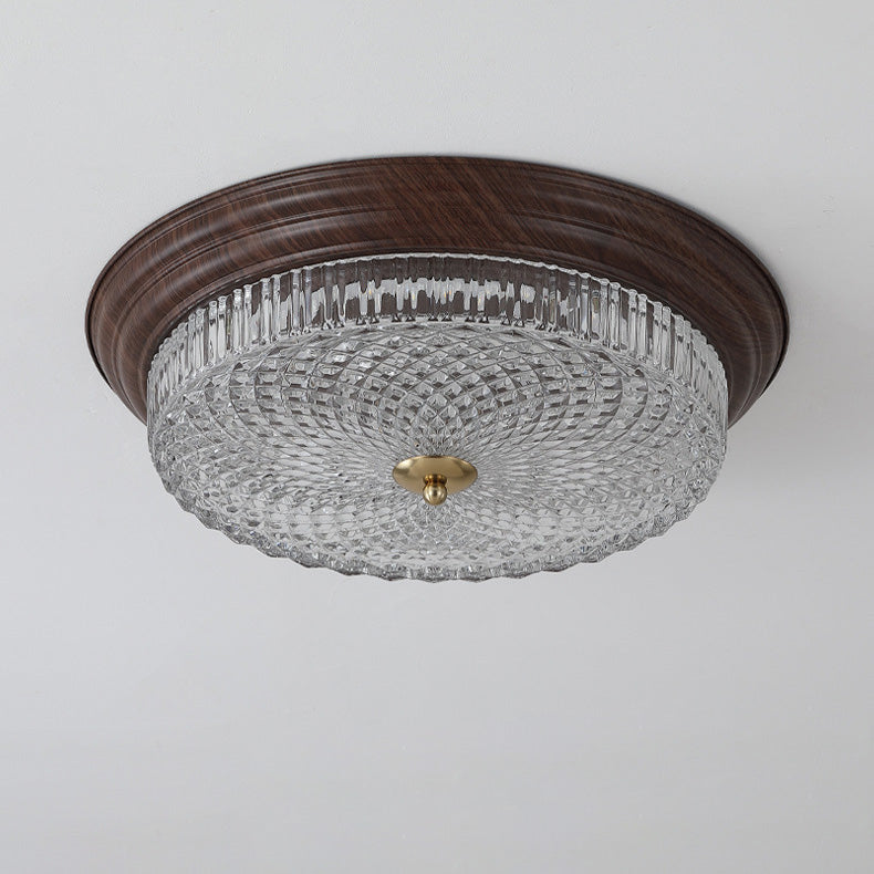 Vintage Round Crystal Glass LED Flush Mount Ceiling Light - Wooden Grain Design for Living Room