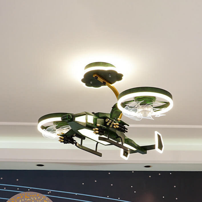 Modern Children's Helicopter Hardware Acrylic LED Semi-Flush Mount Ceiling Fan Light Fixture, Kids Room Decorative Lighting, Aviation Theme Design, Energy Efficient, Adjustable Brightness, Stylish Ceiling Fan Light for Boys and Girls, Playroom and Nursery