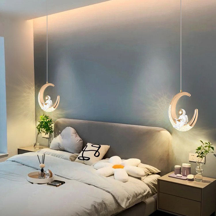 Modern Minimalist Acrylic Iron Astronaut Moon LED Pendant Light for Kids Room, Bedroom, Living Room Decor, Unique Space Themed Lighting, Stylish Nursery Light Fixture