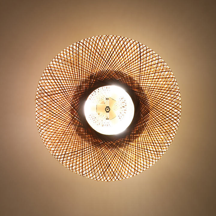 Traditional Japanese Bamboo Weaving Flying Saucer 3-Light Semi-Flush Mount Bedroom Light