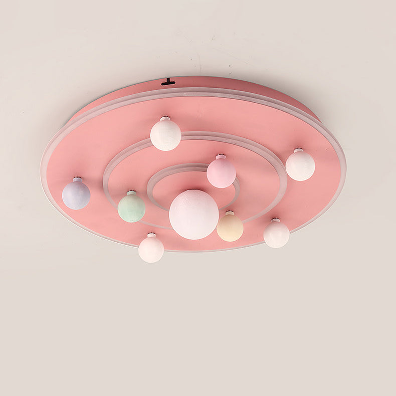 Contemporary Creative Kids Round Planet Iron Acrylic LED Flush Mount Ceiling Light Bedroom Playroom Decoration Childrens Lighting Modern Design Space Theme Ceiling Fixture