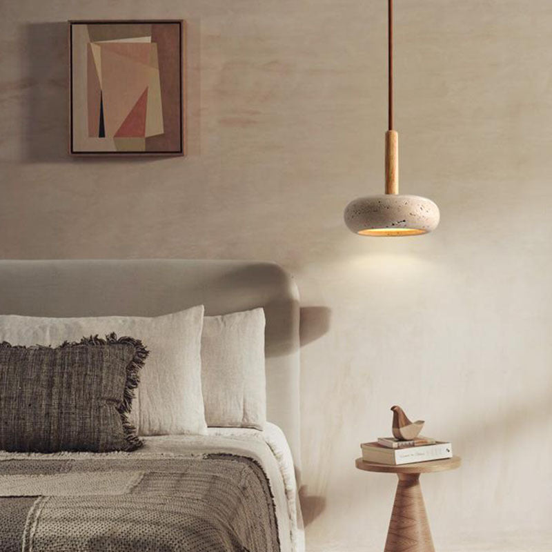 Contemporary Scandinavian Oval Solid Wood Yellow Travertine LED Pendant Light for Living Room