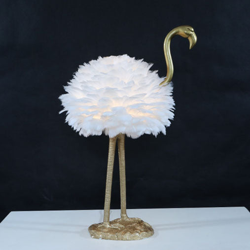 Contemporary Nordic Goose Feather Metal Flamingo Ball 1-Light Table Lamp for Bedside, Modern Accent Lighting, Decorative Bedroom Lamp, Unique Home Decor, Stylish Nightstand Light, Chic Flamingo Design, Soft Ambient Glow, Artful Lighting Fixture