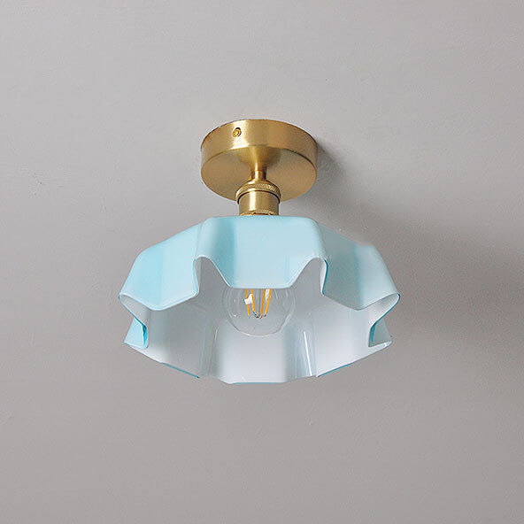 Japanese Vintage Cream Glass Floral Brass Semi-Flush Mount Ceiling Light
