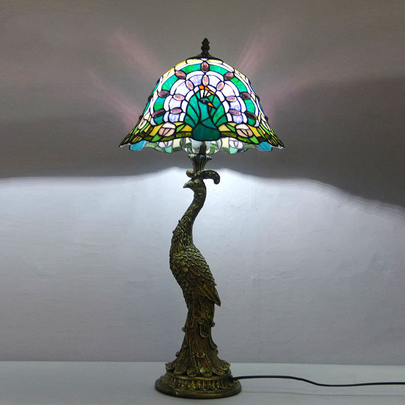 Tiffany Peacock Gem Glass Resin Table Lamp - 1-Light for Living Room & Bedroom