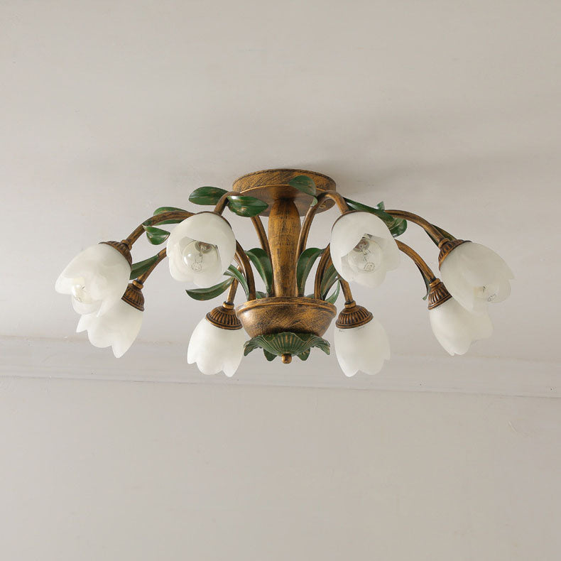 Traditional Rustic Floral Iron Glass Semi-Flush Mount Ceiling Light for Living Room - 6/8/10 Light Options
