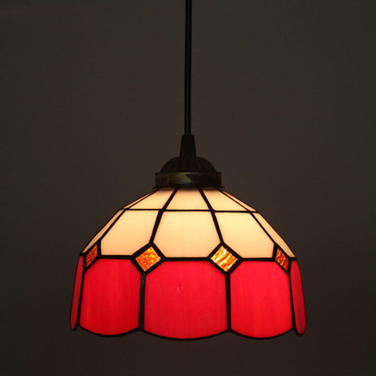 Traditional Tiffany Stained Glass Pendant Light for Living Room, Round 1-Light Iron Dome Shade