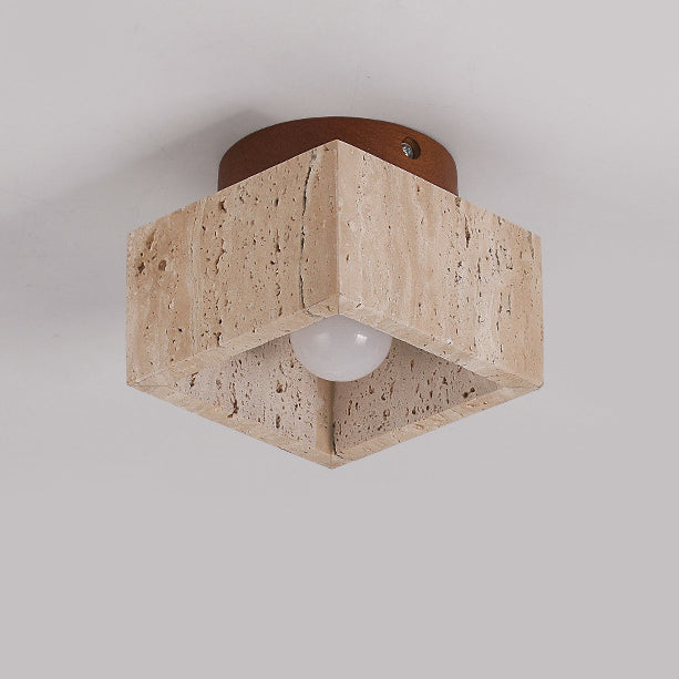 Japanese Wabi-Sabi Yellow Travertine Column Wood Semi-Flush Mount Light