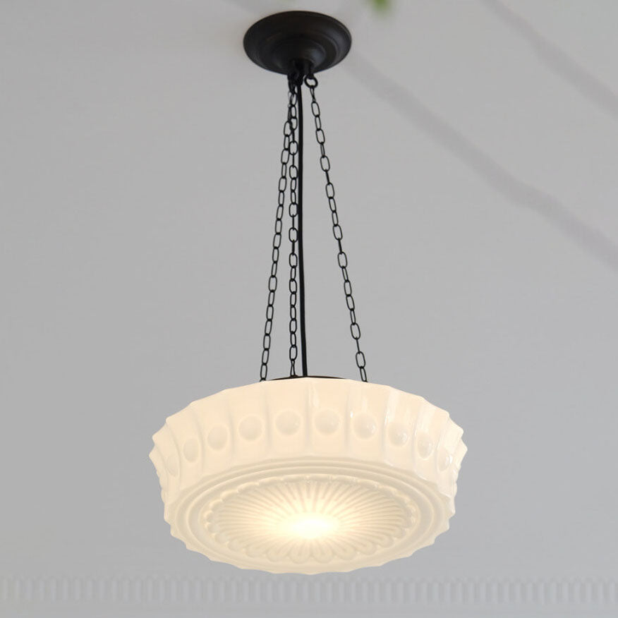 Traditional French Iron Glass Striped Round Drum LED Ceiling Light for Living Room & Bedroom