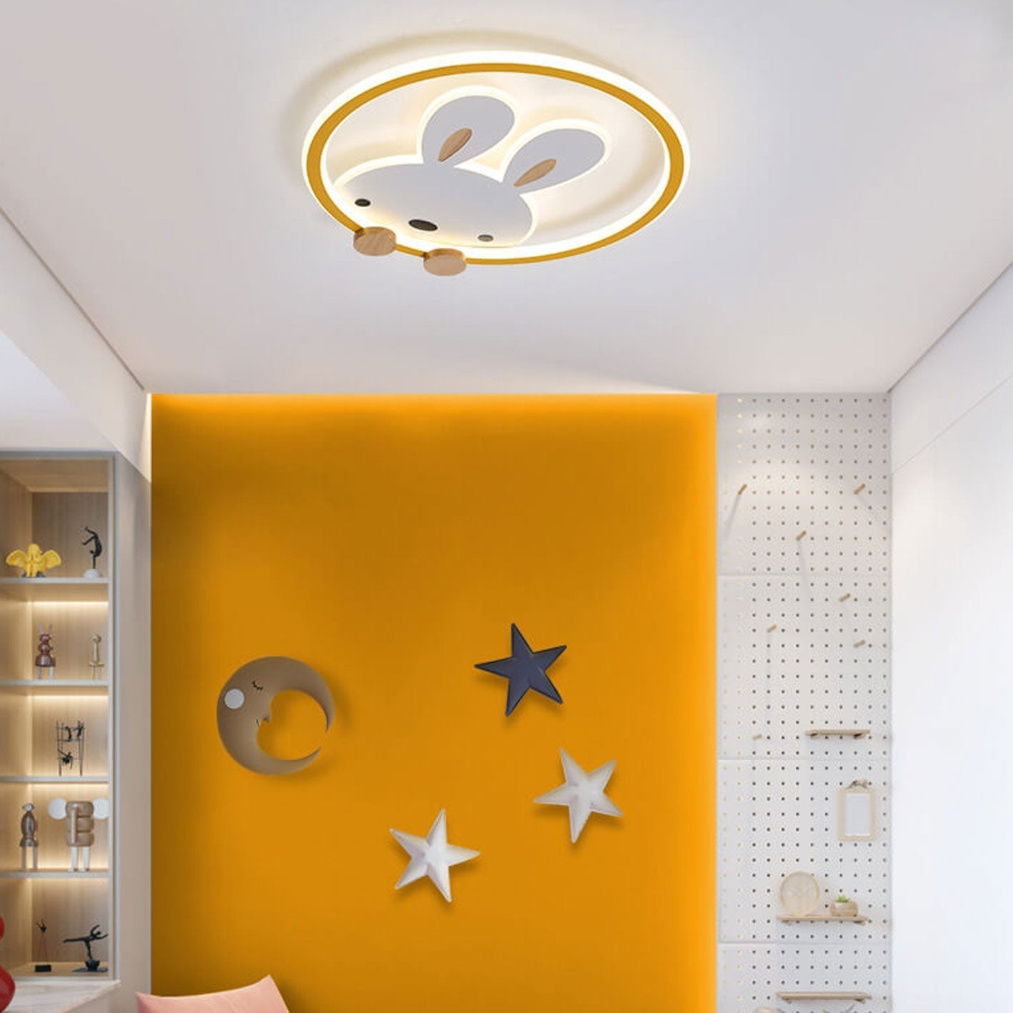 Childlike Modern Cartoon Rabbit LED Flush Mount Light Ceiling Fixture Cute Bunny Design for Kids Room Nursery Playroom Aesthetic Lighting Decor Kids Bedroom Illumination Creative Playful Home Lighting Children's Room Ceiling Light