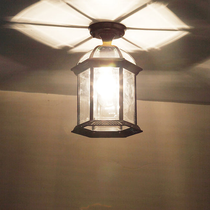 Traditional Outdoor Hexagonal Waterproof Lantern - 1-Light Semi-Flush Mount Ceiling Fixture