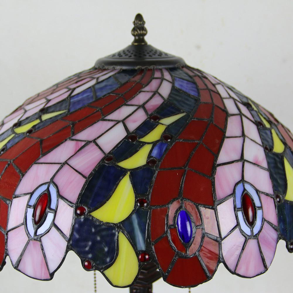 Tiffany Style Stained Glass 2-Light Cone Pull Cord Table Lamp for Bedroom