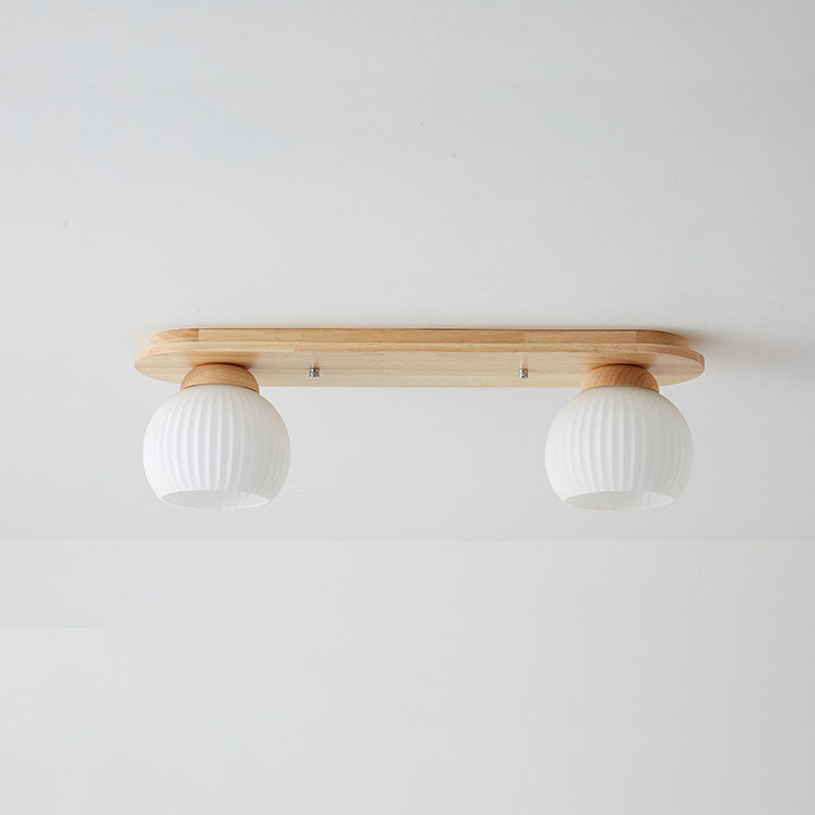 Traditional Japanese Striped Glass Wood Long Plate Flush Mount Ceiling Light