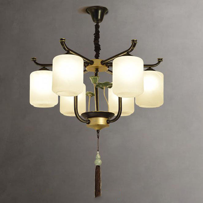Traditional Chinese Iron Frame Cylinder Glass Shade Chandelier - 6/8/10/12 Lights for Living Room
