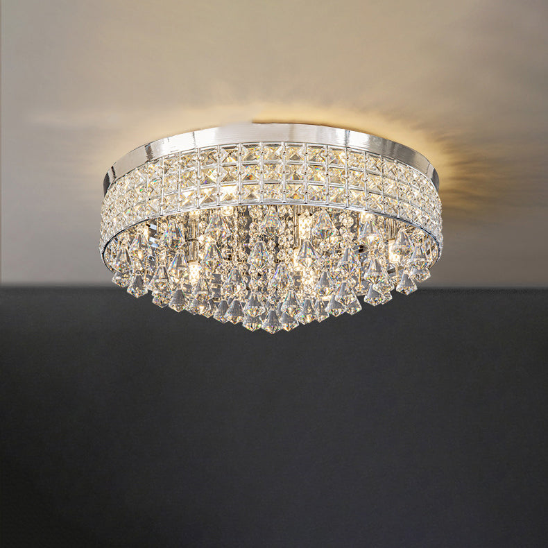 Modern Luxury Round Iron Crystal Beads Flush Mount Ceiling Light 6/9-Light Living Room Fixture