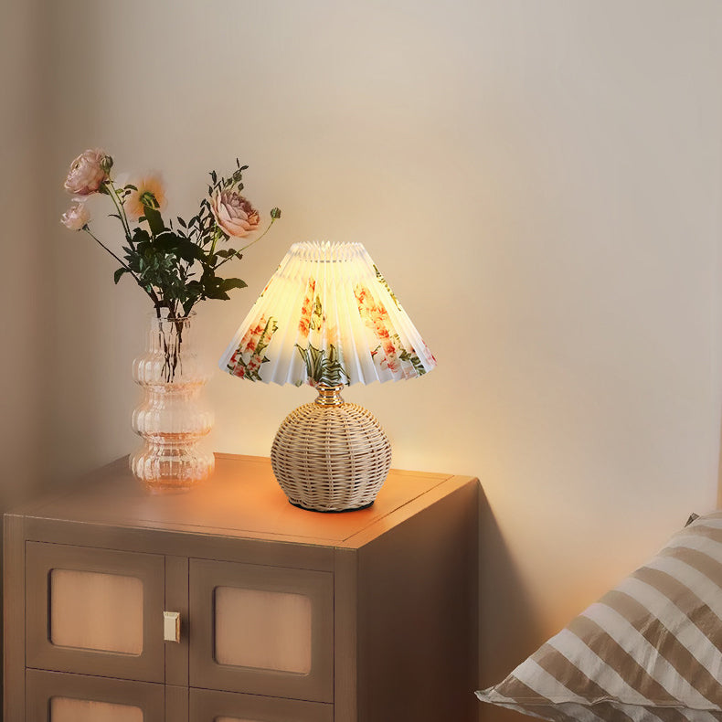 Contemporary Nordic Rattan Fabric Pleated Conic Ball LED Table Lamp Bedroom Decor Modern Lighting Elegant Home Accessories Stylish Bedroom Illumination Eco-Friendly Lighting Design Rustic Chic Table Lamp Warm White Glow Bedroom Aesthetic Sustainable Mater