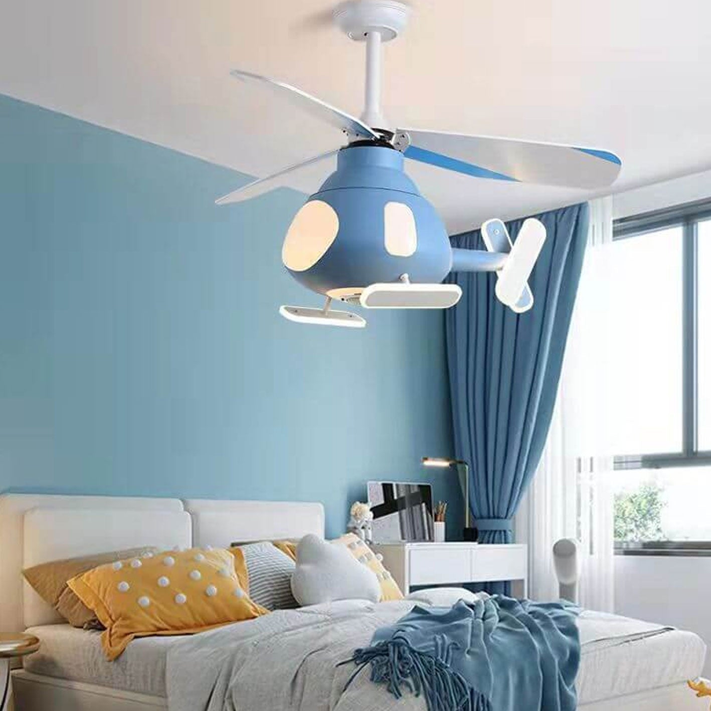 Cartoon Aircraft Ceiling Fan Light with LED Downrods - Unique Home Decor, Kids Room Lighting, Aviation Style Fans, Energy-Efficient Illumination