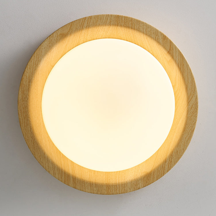 Traditional Japanese Round Glass LED Flush Mount Ceiling Light - Wood Grain Design for Bedroom