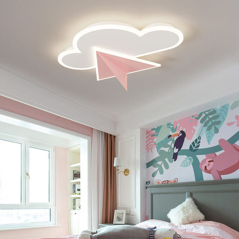 Creative Cartoon Clouds Airplane LED Kids Flush Mount Ceiling Light for Nursery, Playroom, Modern Child's Bedroom, Unique Sky Themed Lighting, Adorable Children's Room Decor, Energy Efficient Lighting Fixture, Fun Airplane and Cloud Design, Safe for Kids