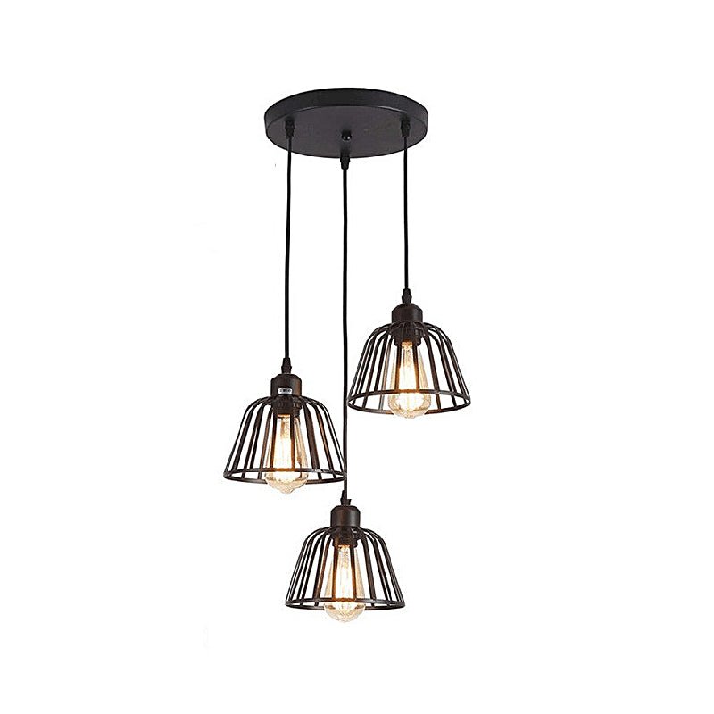 Black Small Iron Cage LED Chandelier - 1/3 Lights Industrial Retro Style