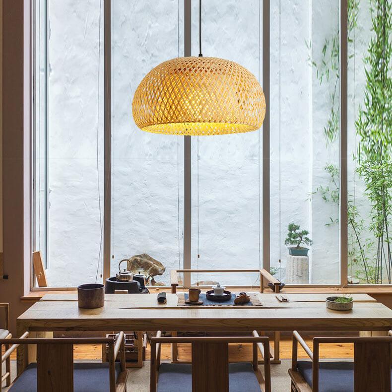 Rattan Dome Pendant Light - 1-Light Boho Pendant Fixture for Dining Room, Kitchen, and Living Room Decor