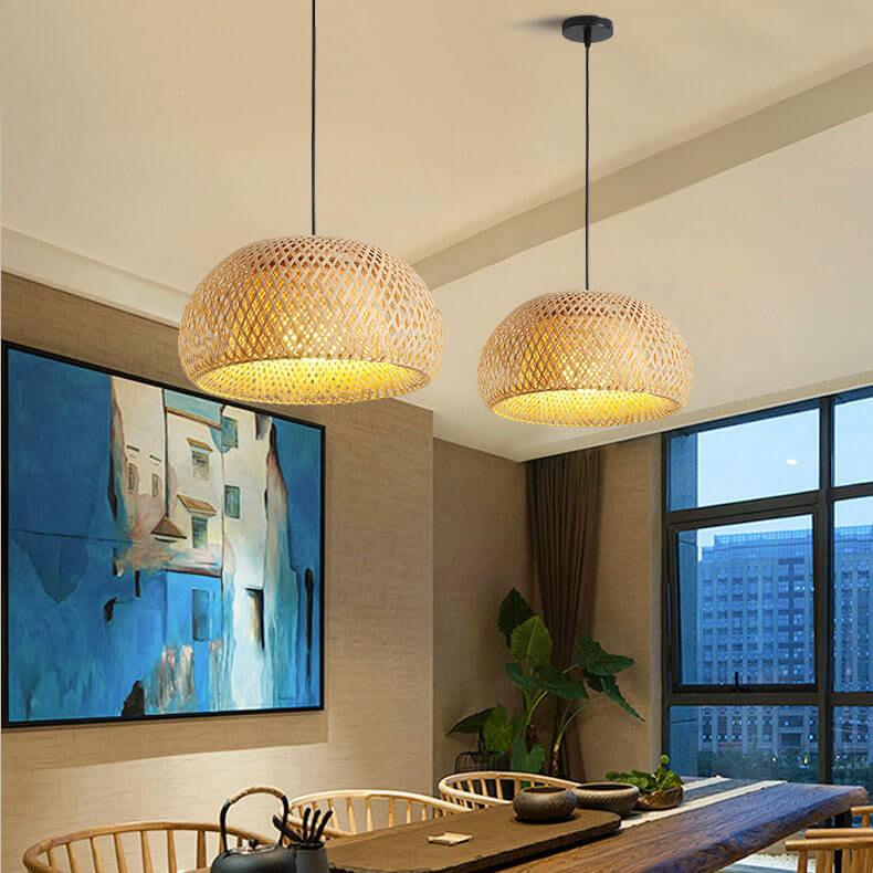 Rattan Dome Pendant Light - 1-Light Boho Pendant Fixture for Dining Room, Kitchen, and Living Room Decor