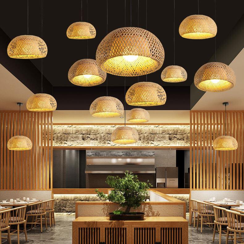Rattan Dome Pendant Light - 1-Light Boho Pendant Fixture for Dining Room, Kitchen, and Living Room Decor