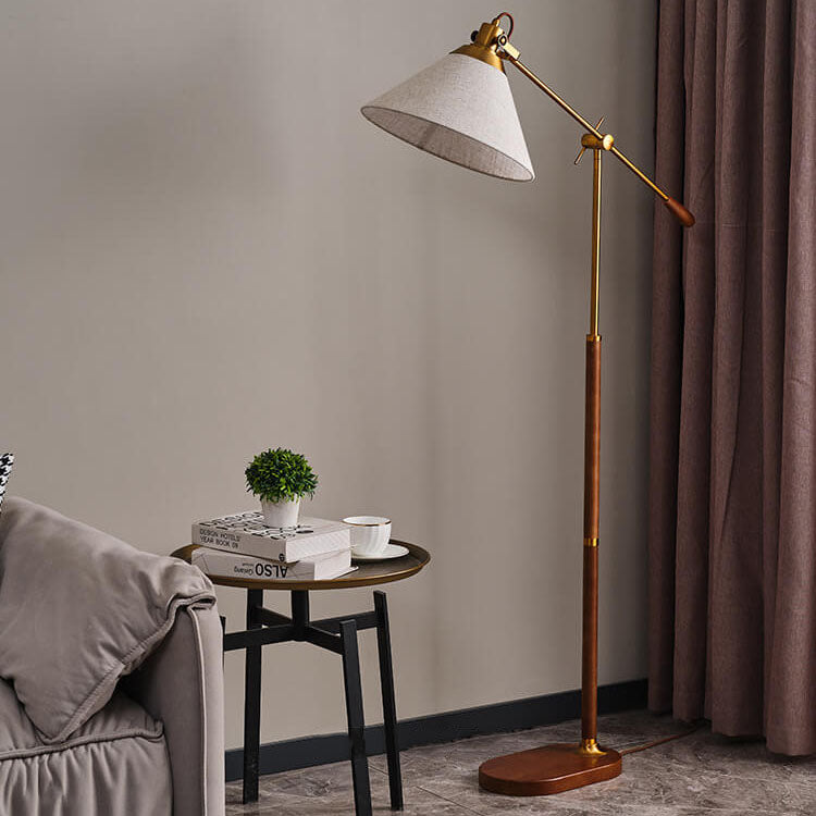 Vintage Fabric Cone Floor Lamp, Metal and Ash Wood, 1-Light for Bedroom