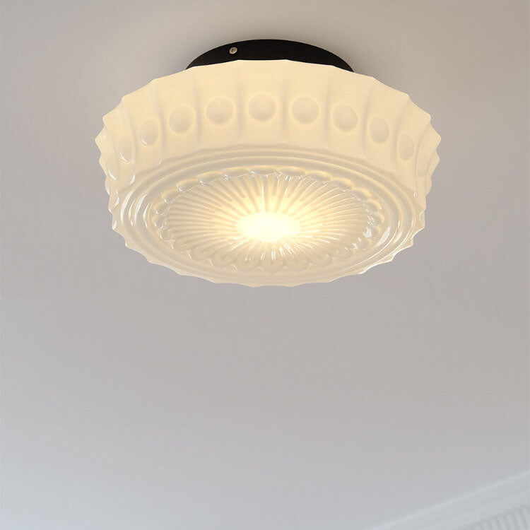 Traditional French Iron Glass Striped Round Drum LED Ceiling Light for Living Room & Bedroom