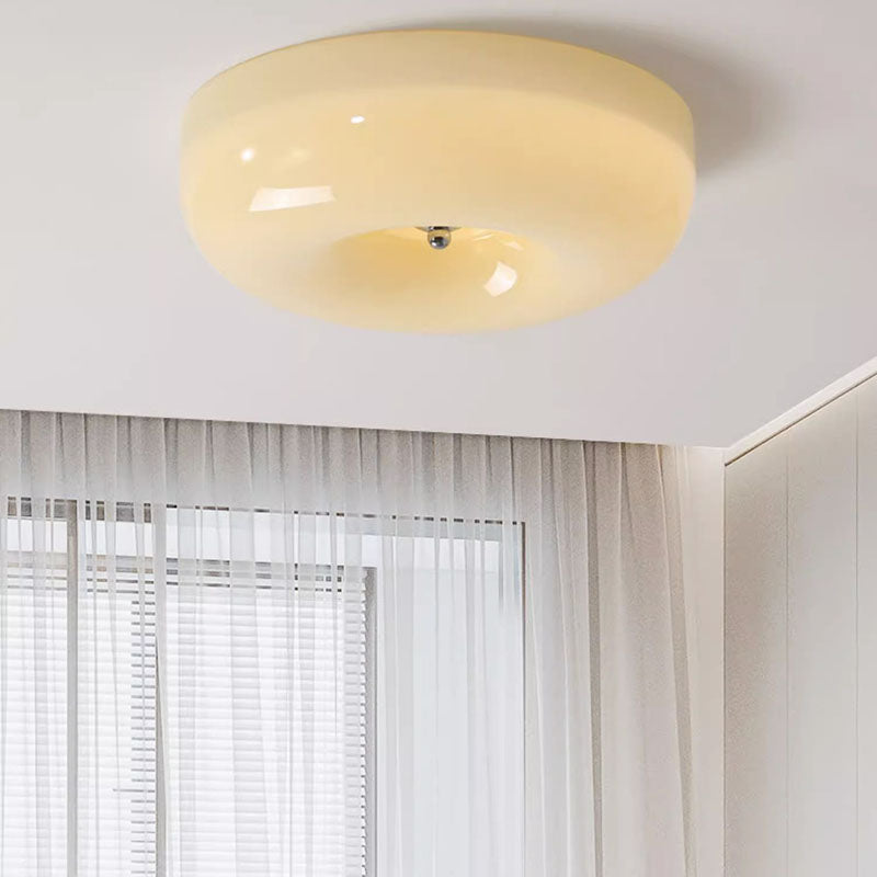 Contemporary Nordic Creamy Yellow Pudding Glass Shade Iron LED Flush Mount Ceiling Light