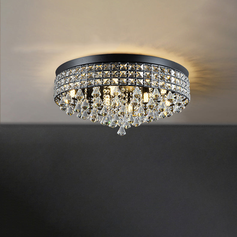 Modern Luxury Round Iron Crystal Beads Flush Mount Ceiling Light 6/9-Light Living Room Fixture