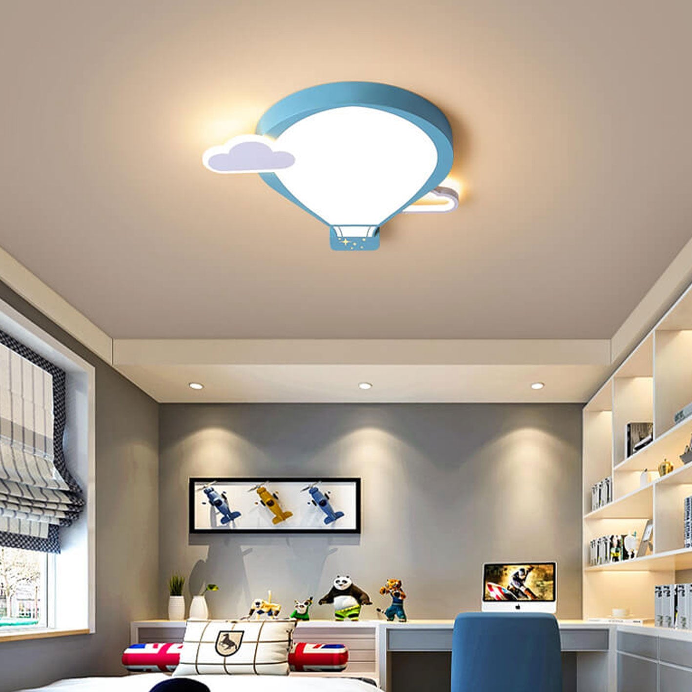 Cartoon Hot Air Balloon Kid LED Flush Mount Ceiling Light Nursery Bedroom Fixture Kids Room Decor Childrens Lighting Cute Cartoon Ceiling Lamp Colorful Adventure Theme Adjustable Brightness Fun Illustration Design Energy Efficient Safe Lighting Kids Ceili