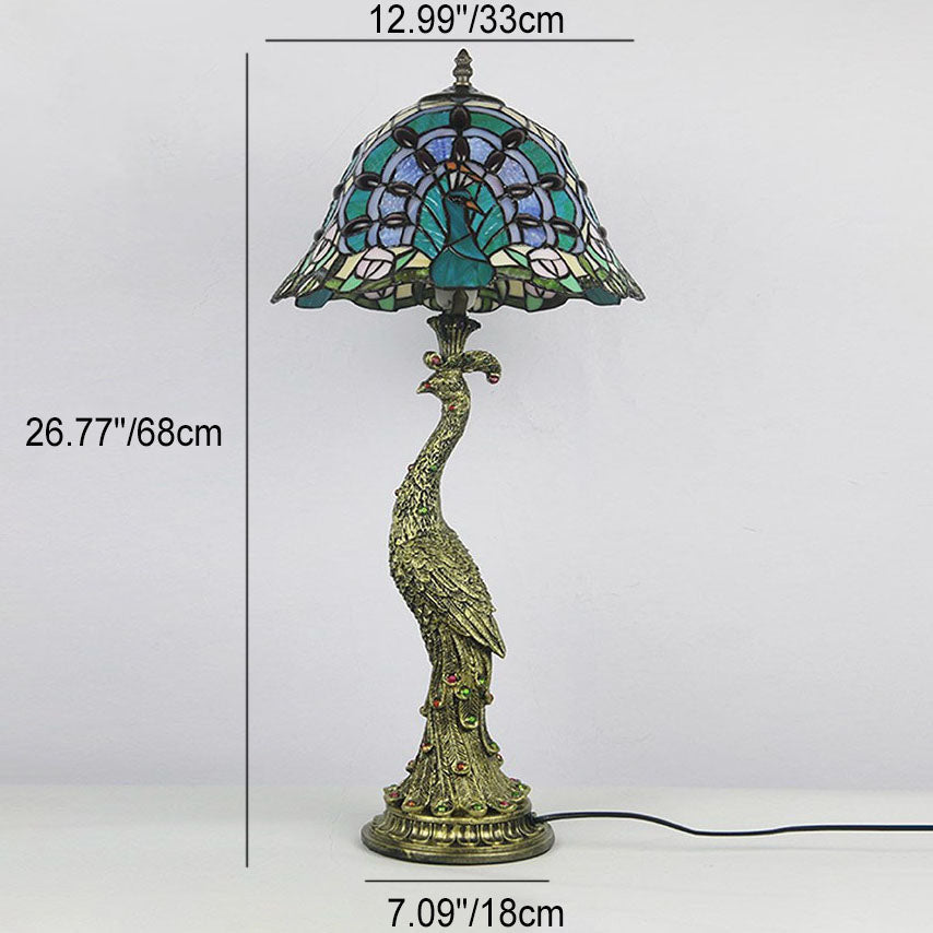 Traditional Tiffany Peacock Gem Dome Glass Resin 1-Light Table Lamp for Living Room Bedroom Decorative Lighting Vintage Home Decor Unique Gift Accent Lamp Craftsmanship Handcrafted Stained Glass Art Light Fixture Classic Design Cozy Atmosphere Bedroom Liv