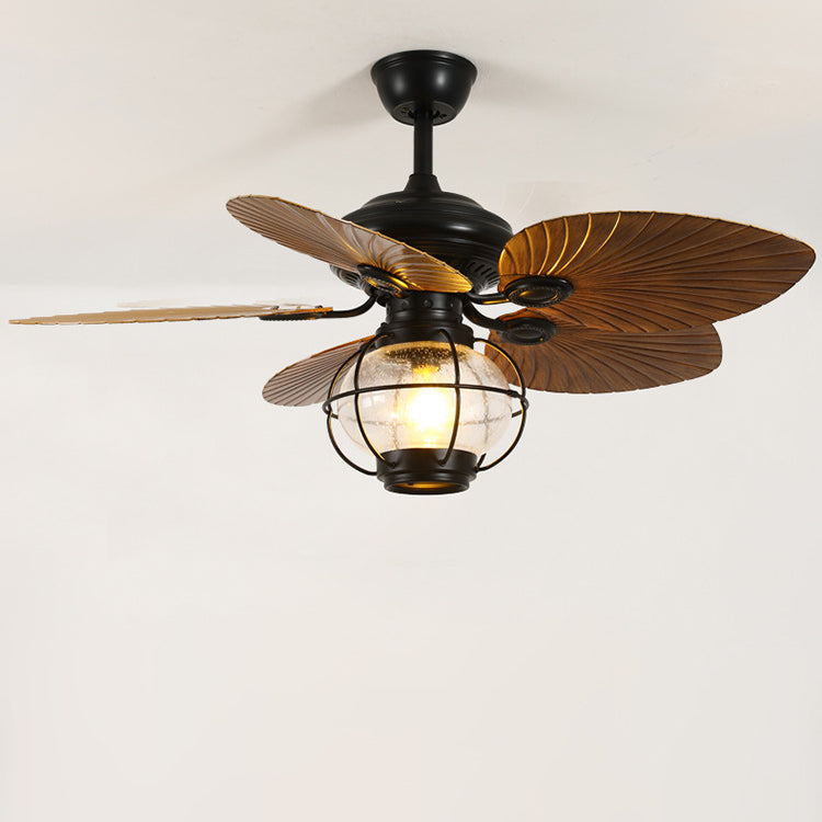 Traditional Rustic Lantern Ceiling Fan Light - Banana Shaped Iron & Glass 1-Light, Downrod Style for Living Room