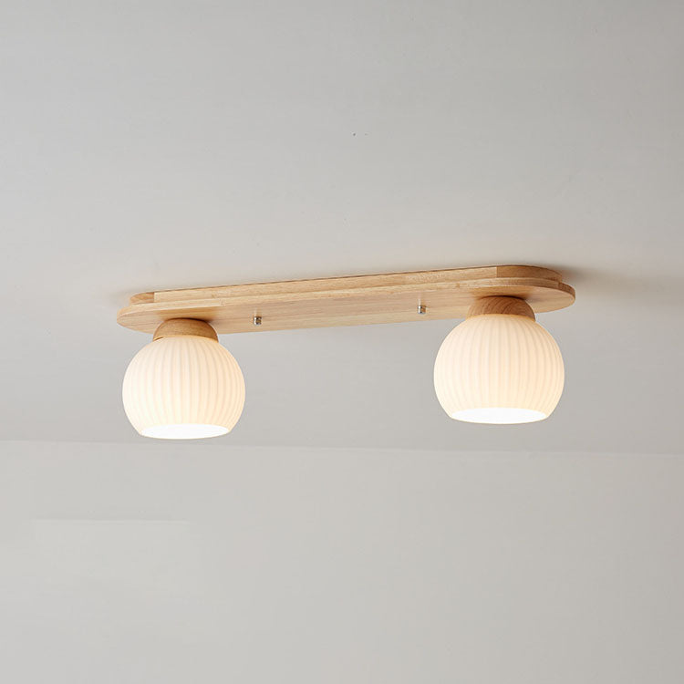 Traditional Japanese Striped Glass Wood Long Plate Flush Mount Ceiling Light
