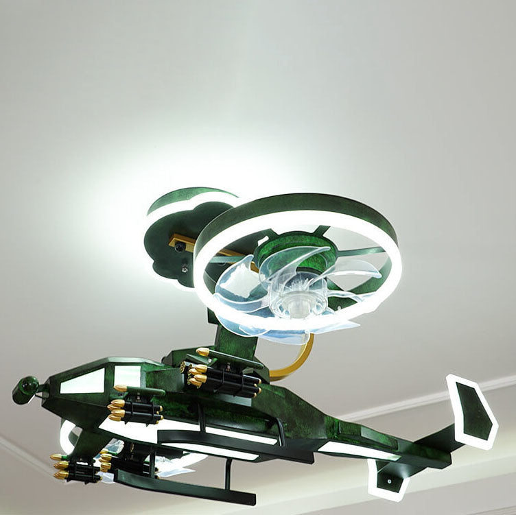 Modern Children's Helicopter Hardware Acrylic LED Semi-Flush Mount Ceiling Fan Light Fixture, Kids Room Decorative Lighting, Aviation Theme Design, Energy Efficient, Adjustable Brightness, Stylish Ceiling Fan Light for Boys and Girls, Playroom and Nursery