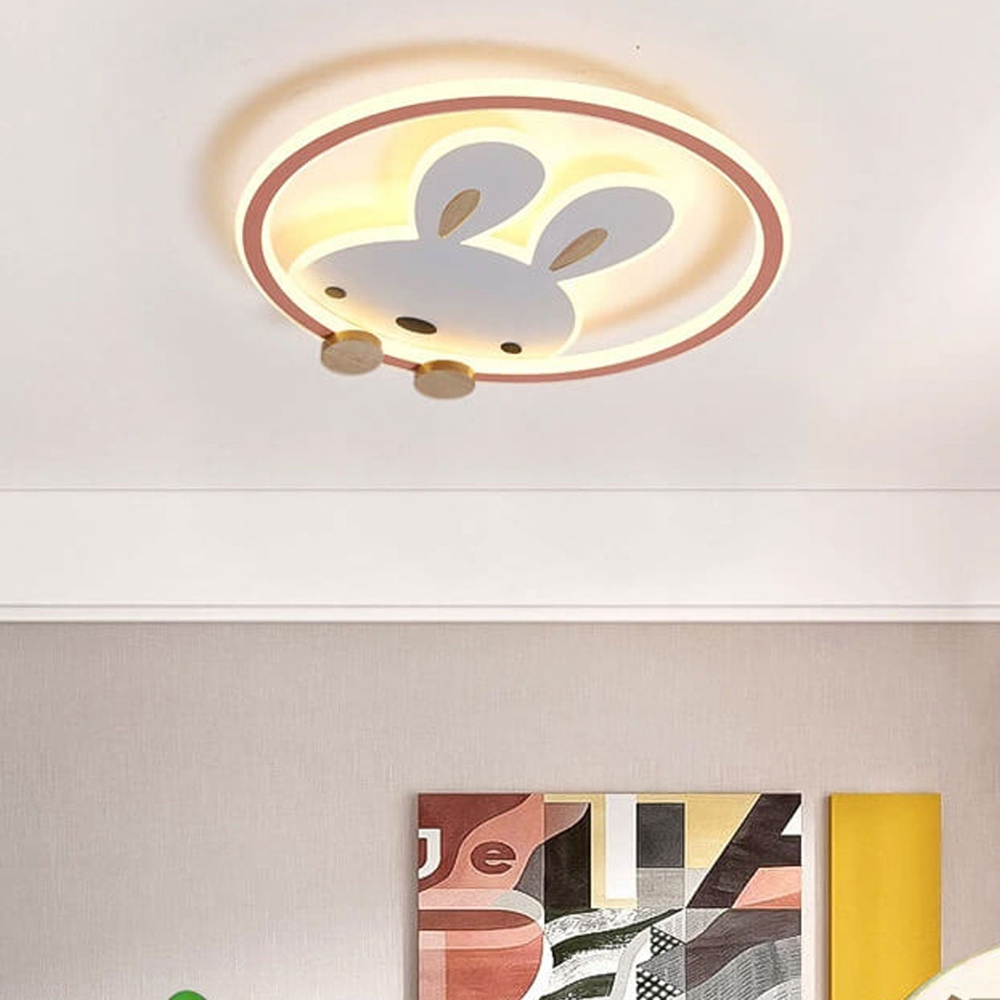 Childlike Modern Cartoon Rabbit LED Flush Mount Light Ceiling Fixture Cute Bunny Design for Kids Room Nursery Playroom Aesthetic Lighting Decor Kids Bedroom Illumination Creative Playful Home Lighting Children's Room Ceiling Light